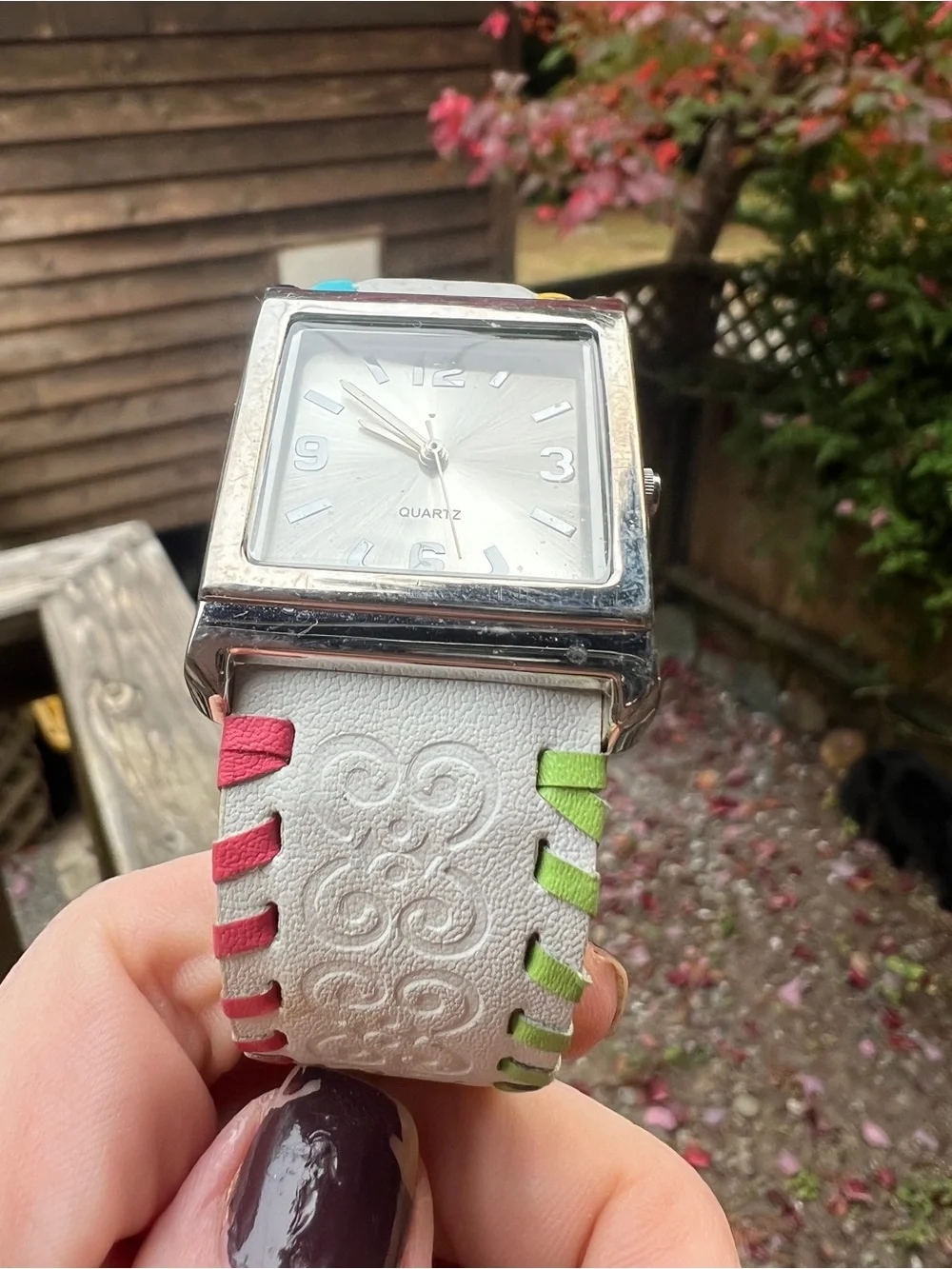 White Leather Cuff Watch with Multicolor Stitch Accents NWOT